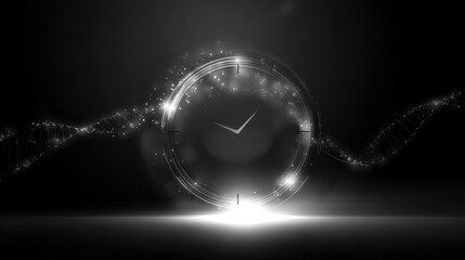 A futuristic clock design with a glowing circular frame and a minimalist clock face. The background is dark, enhancing the luminous effect of the clock.