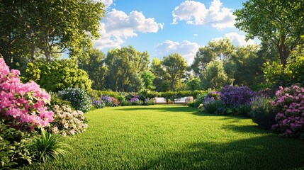 Fototapeta premium Lush Garden Landscape with Colorful Flowers Under Bright Blue Sky and White Clouds