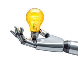- Robotic Hand Gently Holding a Glowing Light Bulb, Isolated on Transparent Background”