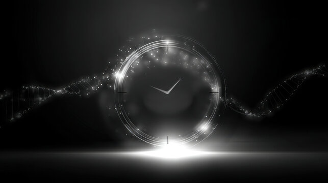 A futuristic clock design with a glowing circular frame and a minimalist clock face. The background is dark, enhancing the luminous effect of the clock.