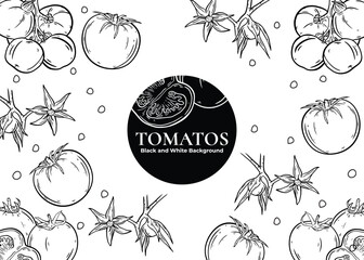 Black and white illustration of ripe tomatoes with stems, leaves, and a central circular design. © DKS VECTOR