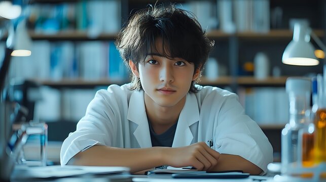Young Asian male medical student or researcher in white lab coat studying at desk with books and laboratory equipment in background, soft blue lighting. - Powered by Adobe