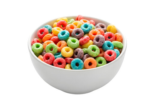 A bowl of colorful cereal with a white bowl, isolated on white or transparent background. PNG