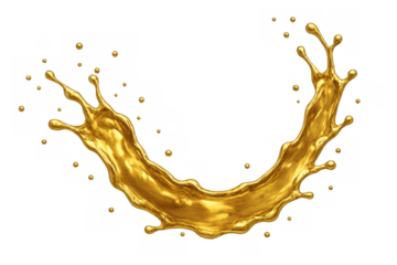 Golden liquid splashing in a dynamic upward arc, drops flying, illustrating wealth, success, and liquid movement