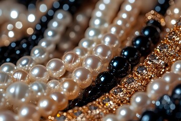Elegant pearl necklaces and golden jewelry strands in macro view showing luxurious texture and sparkle, arranged in parallel lines creating sophisticated pattern.