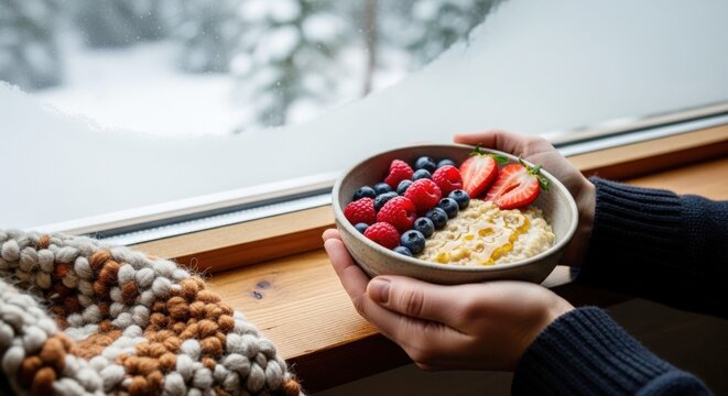 Person holding bowl of oatmeal with berries by the snowy window  