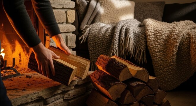 Person placing firewood into cozy fireplace with warm ambiance   - Powered by Adobe