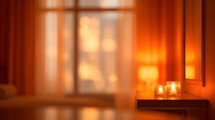 Boutique hotel suite interior INTENTIONALLY BLURRED IMAGE illuminated by warm candlelight and window reflections