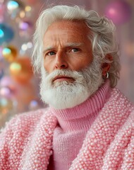 Stylish senior Caucasian male model with white beard wearing pink turtleneck sweater and knitted cardigan against festive bokeh background. Modern fashion portrait.
