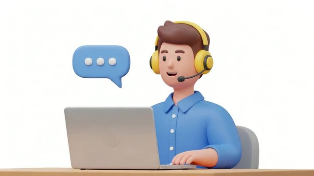 3d cartoon customer service agent with headset and laptop