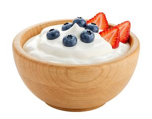 Yogurt with strawberries and blueberries in wooden bowl transparent background png