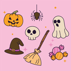 Cute and colorful Halloween cartoon line art vector icon set featuring pumpkin, ghost, witch hat, skull, candy, witch's broom and spider