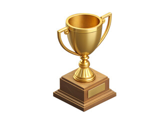 Golden trophy with handles on a square base against black