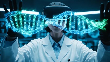 Woman scientist in vr headset interacts with dna helix showing genetic engineering process. Digital research and biotechnology footage. - Powered by Adobe