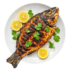 Grilled spicy fish on plate with lemon slices and coriander garnish transparent background png