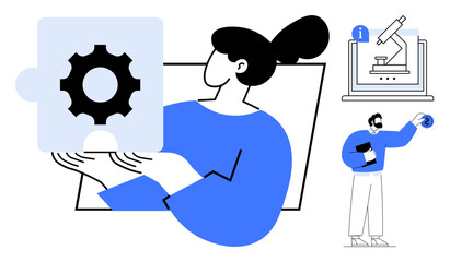 Woman holding puzzle piece with gear icon, man analyzing data, microscope on screen. Ideal for innovation, research, collaboration, teamwork, problem-solving education technology. Simple flat
