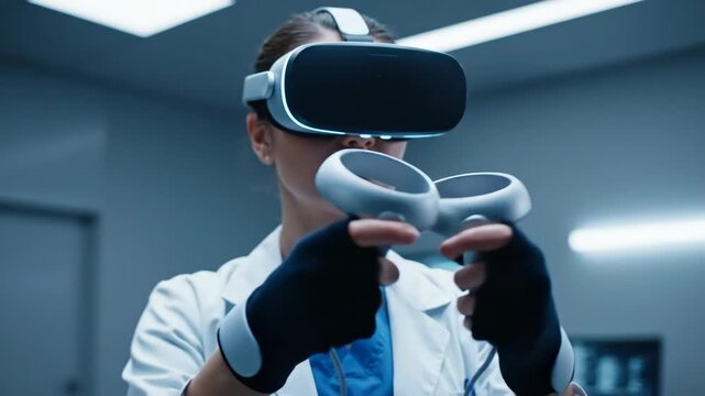 Woman doctor using virtual reality headset with controllers for medical training and advanced surgery simulation footage