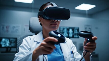 Woman doctor using virtual reality goggles and controllers for medical training. Surgeon doing virtual operation simulation footage. - Powered by Adobe