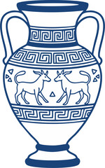 Greek Amphora Vector Illustration – Blue Line Art, Antique Vase with Bull Motif, Classic Pottery