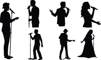 Silhouette singers performing with microphones on stage, male and female vocalists in concert, musician illustration, live music performance vector, artistic design