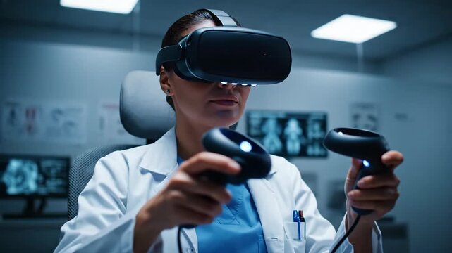 Woman doctor using virtual reality goggles and controllers for medical training. Surgeon doing virtual operation simulation footage.