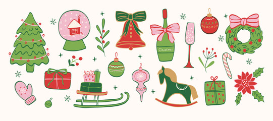 Сhristmas hand drawn icons. doodle vintage element of décor with bows and snowflakes. Vector whimsical sketch for cover, background, frame, pattern, wallpaper.