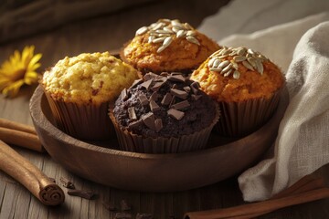 Tiny muffins: carrot and ginger, protein powder with chocolate shavings, and pumpkin with sunflower seeds.