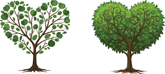 Obraz premium Heart-shaped trees illustration, romantic nature design, love tree art, green foliage, symbol of romance, eco love concept