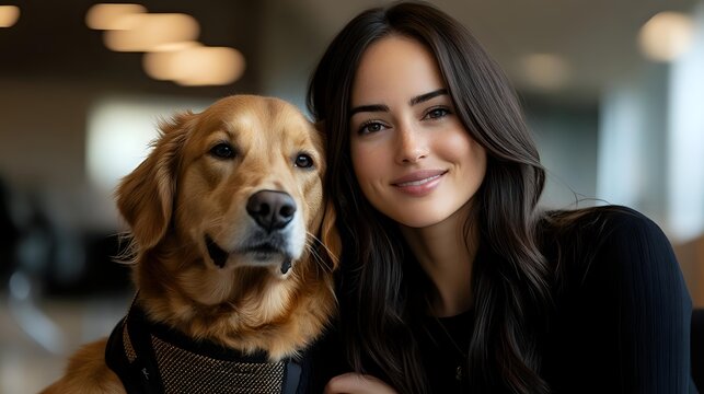 Young woman with long dark hair wearing black sweater embracing golden retriever dog indoors, both looking at camera with warm smiles against blurred background. - Powered by Adobe
