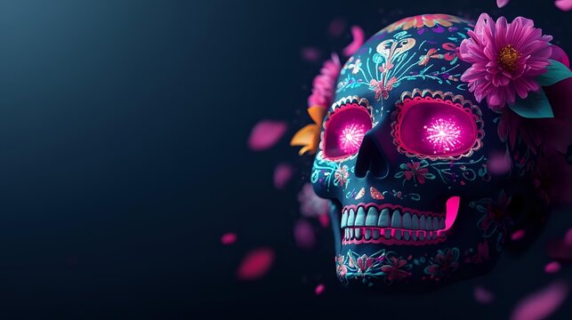 Decorative sugar skull with bright pink and turquoise patterns, adorned with pink dahlia flower against dark background, celebrating Day of the Dead tradition.