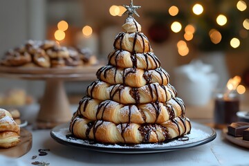 Festive cream puff tower with chocolate drizzle arranged in Christmas tree shape on dark plate, golden bokeh lights background creates magical holiday atmosphere.