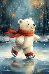 Cheerful polar bear cub in red scarf ice skating on frozen lake during snowy winter night with glowing lights in dark forest background. Magical winter scene.