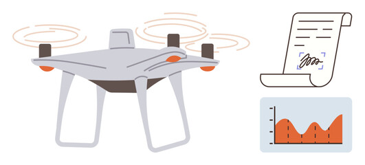 quadcopter in flight with propeller movement, signed document, and data chart presenting analytics. Ideal for innovation, business, technology, logistics, analytics legal visualization. Simplistic