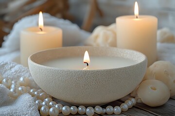 Glowing white candles and pearl necklace create serene spa atmosphere on wooden surface with soft fabric, featuring ceramic bowl with aromatic candle for wellness decor.