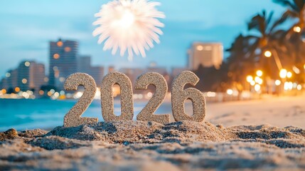 Glittering 2026 numbers on sandy beach at dusk with fireworks and city lights in background, palm trees and ocean create festive New Year celebration atmosphere.