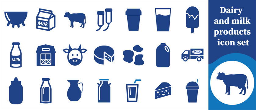 Dairy and milk products icon set, milk bottle, milk carton, cheese, butter, yogurt, cream, cow, goat milk, milk splash, milk glass, ice cream, dairy farm, milk truck, milk jug, milk bucket and more