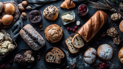 Obraz premium Indulge in a delectable spread of fresh baked goods, artisanal breads, sweet pastries, and vibrant berries, perfect for culinary inspiration and gourmet themes.
