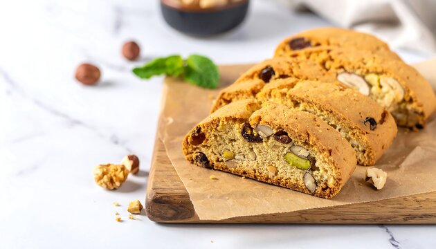 Close-up of biscotti on a wooden board, with nuts, fruit, and mint, on a marble surface