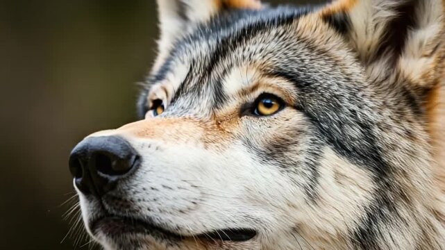 Close up of a wolfs face looking to the side with intense gaze.
