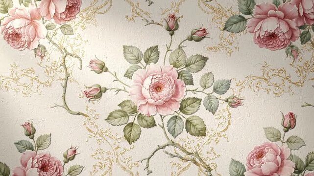 Elegant vintage floral wallpaper design featuring large pink roses and delicate green leaves intertwined with golden vines, adding classic charm to any interior space with beautiful pattern