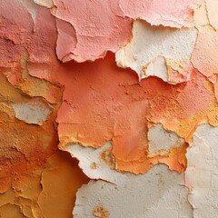 Vibrant peeling paint texture revealing layers of color in warm tones from a rustic wall