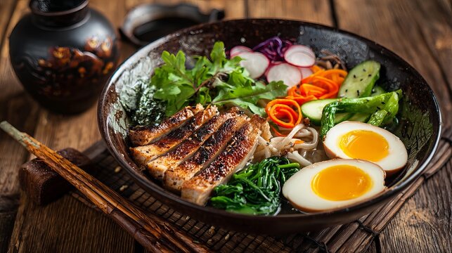 Savor the vibrant flavors of this expertly prepared, steaming bowl of delicious ramen, complete with tender grilled pork and perfectly cooked eggs.