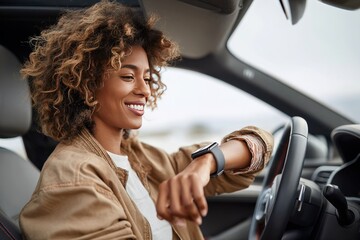Smiling African woman seated in a car, checking her smartwatch, showcasing modern technology and lifestyle, with a stylish interior and vibrant atmosphere
