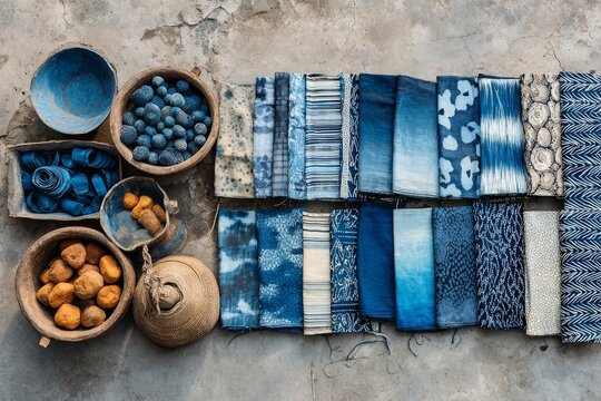 Intricate Nigerian adire textile patterns arranged on a textured surface, showcasing vibrant blue hues and unique designs, perfect for textile enthusiasts and cultural appreciation