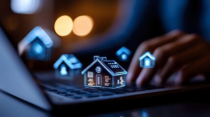 Digital glowing house icons floating over laptop keyboard with blurred hands typing, representing online real estate market and property technology concept.