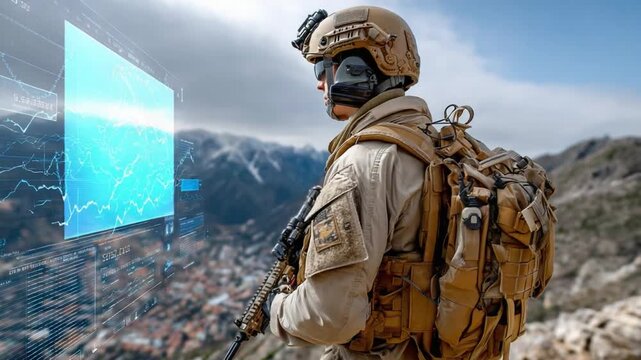 Soldier and Digital Interface: A focused soldier, geared up in military attire, observes a glowing digital interface displaying data.