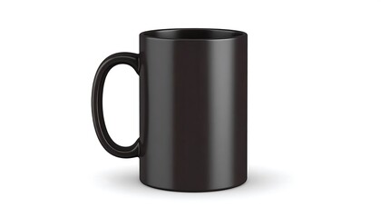 A black, ceramic mug with a curved handle casts a subtle shadow on a white background