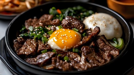 Korean beef bowl with marinated meat slices, sunny side up egg yolk, rice and fresh vegetables served in traditional stone pot on dark background.
