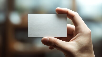 A hand holding a blank white business card, set against a soft-focus background that suggests a professional environment.