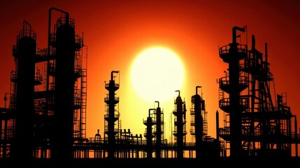 Industrial operations at sunset oil refinery silhouette urban wide-angle energy production